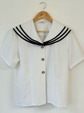 VTG Susan Hutton Sailor Blouse White Navy Buttons Size 8 Nautical Rockabilly